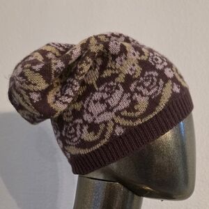 Floral Knit Beanie - Purple and Brown